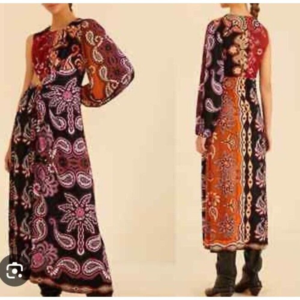 Farm Rio Sz S Dress Sweet Mermaids One Shoulder Maxi Patchwork Cut Out Boho